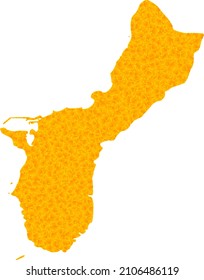 Mapa de oro vectorial de la isla de Guam. Mapa de la isla de Guam aislado en un fondo blanco. Patrón de objetos dorados basado en el sólido mapa amarillo de la isla de Guam.