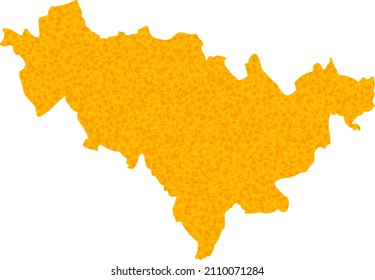 Mapa de oro vectorial de la provincia de Jilin. Mapa de la provincia de Jilin aislado en un fondo blanco. Mosaico de partículas doradas basado en el mapa amarillo sólido de la provincia de Jilin.