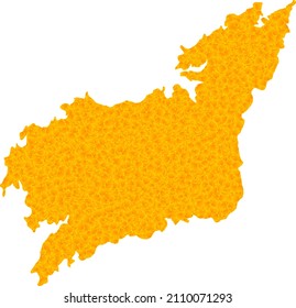 Vector Golden map of La Coruna Province. Map of La Coruna Province is isolated on a white background. Golden items texture based on solid yellow map of La Coruna Province.