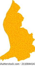 Vector Golden map of Liechtenstein. Map of Liechtenstein is isolated on a white background. Golden particles pattern based on solid yellow map of Liechtenstein.