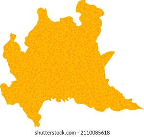 Vector Golden map of Lombardy region. Map of Lombardy region is isolated on a white background. Golden items mosaic based on solid yellow map of Lombardy region.