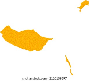 Vector Golden map of Madeira Islands. Map of Madeira Islands is isolated on a white background. Golden particles pattern based on solid yellow map of Madeira Islands.