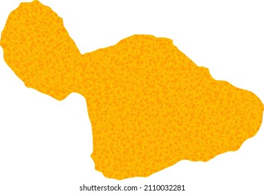 Image vectorielle Carte Dorée de l'île de Maui. Carte de l'île de Maui isolée sur fond blanc. Mosaïque de particules d'or à partir d'une carte jaune solide de l'île de Maui.