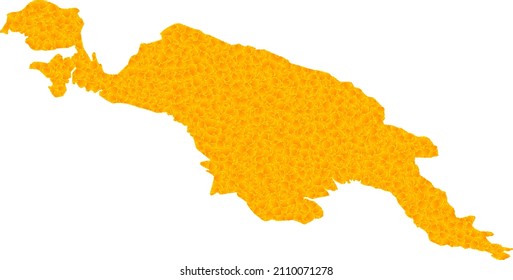 Vector Golden map of New Guinea Island. Map of New Guinea Island is isolated on a white background. Golden particles texture based on solid yellow map of New Guinea Island.
