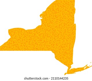 Vector Golden map of New York State. Map of New York State is isolated on a white background. Golden particles mosaic based on solid yellow map of New York State.