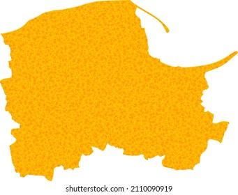 Mapa de oro vectorial de la provincia de Pomerania. Mapa de la provincia de Pomerania aislado en un fondo blanco. Textura de partículas doradas basada en el mapa amarillo sólido de la provincia de Pomerania.