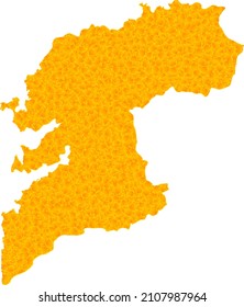 Vector Golden map of Pontevedra Province. Map of Pontevedra Province is isolated on a white background. Golden particles texture based on solid yellow map of Pontevedra Province.