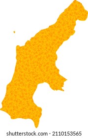 Mapa de oro vectorial de la isla Saipan. Mapa de la isla Saipan está aislado en un fondo blanco. Mosaico de objetos dorados basado en el mapa amarillo sólido de la isla Saipan.