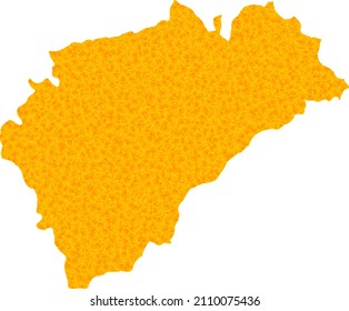 Vector Golden map of Segovia Province. Map of Segovia Province is isolated on a white background. Golden particles pattern based on solid yellow map of Segovia Province.