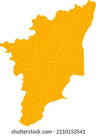 Mapa de oro vectorial del estado de Tamil Nadu. Mapa del estado de Tamil Nadu aislado en un fondo blanco. Mosaico de partículas doradas basado en el mapa amarillo sólido del estado de Tamil Nadu.