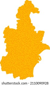 Vector Golden map of Tianjin Municipality. Map of Tianjin Municipality is isolated on a white background. Golden items pattern based on solid yellow map of Tianjin Municipality.