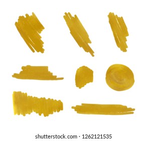 Vector Golden Marker Drawings Set, Isolated on White Background Gold Paint Brush Strokes.