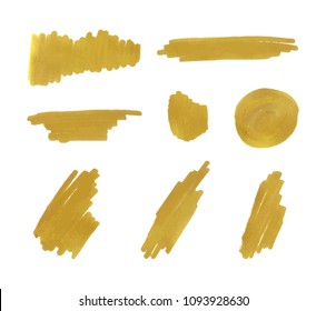 Vector Golden Marker Strokes Set, Isolated on White Background Gold Paint.
