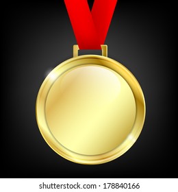 Vector golden medal with red ribbon over black background. Eps10