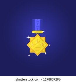 Vector golden medal with ribbon first place winner award vector illustration isolated on blue background.