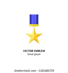 Vector golden medal with stars and ribbon first place winner award vector illustration isolated on white background.