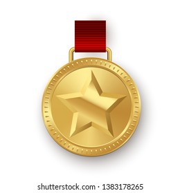 Vector golden medallion with star hanging on red ribbon isolated on white background