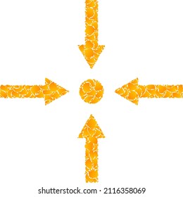 Las flechas de los puntos de encuentro dorados vectores son un icono de mosaico. Las flechas de los puntos de encuentro están aisladas en un fondo blanco. Mosaico de elementos dorados basado en el icono de flechas de punto de encuentro.