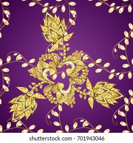 Vector golden mehndi ornamental pattern. Ornamental floral elements with henna tattoo, golden stickers, mehndi and yoga design, cards and prints. Pattern on lilac background.