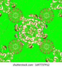 Vector golden mehndi pattern. Pattern on green and beige colors with golden elements. Ornamental floral elements with henna tattoo, golden stickers, mehndi and yoga design, cards and prints.
