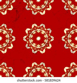 Vector golden mehndi pattern. Ornamental floral elements with henna tattoo, golden stickers, mehndi and yoga design, cards and prints. Pattern on red background with golden elements.
