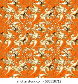 Vector golden mehndi pattern. Ornamental floral elements with henna tattoo, golden stickers, mehndi and yoga design, cards and prints. Pattern on orange background with golden elements.