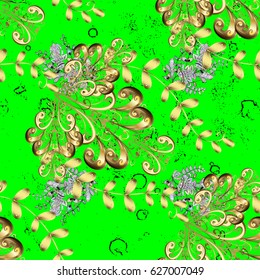Vector golden mehndi pattern. Ornamental floral elements with henna tattoo, golden stickers, mehndi and yoga design, cards and prints. Pattern on green background with golden elements.