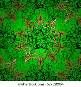 Vector golden mehndi pattern. Ornamental floral elements with henna tattoo, golden stickers, mehndi and yoga design, cards and prints. Pattern on green background with golden elements.