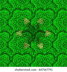 Vector golden mehndi pattern. Ornamental floral elements with henna tattoo, golden stickers, mehndi and yoga design, cards and prints. Pattern on green background with golden elements.