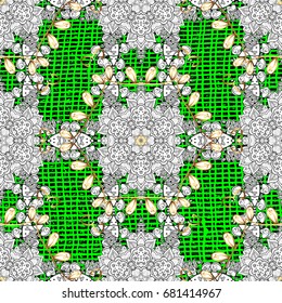 Vector golden mehndi pattern. Ornamental floral elements with henna tattoo, golden stickers, mehndi and yoga design, cards and prints. Pattern on green background with golden elements.