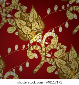 Vector golden mehndi pattern. Ornamental floral elements with henna tattoo, golden stickers, mehndi and yoga design, cards and prints. Pattern on red, yellow and brown colors with golden elements.