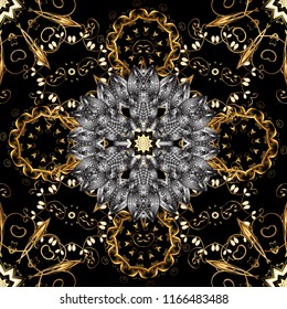 Vector golden mehndi seamless pattern. Ornamental floral elements with henna tattoo, golden stickers, mehndi and yoga design, cards and prints. Pattern on black, gray and brown colors.