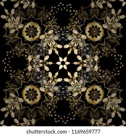 Vector golden mehndi seamless pattern. Ornamental floral elements with henna tattoo, golden stickers, mehndi and yoga design, cards and prints. Pattern on black, brown and yellow colors.