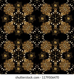 Vector golden mehndi seamless pattern. Ornamental floral elements with henna tattoo, golden stickers, mehndi and yoga design, cards and prints. Pattern on black, brown and beige colors.