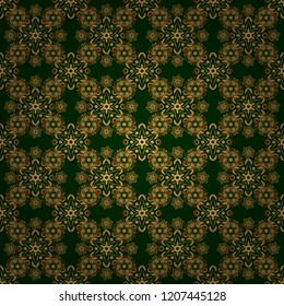 Vector golden mehndi seamless pattern on green. Traditional Indian style, ornamental golden elements with henna tattoo, golden stickers, mehndi and yoga design, cards and prints.