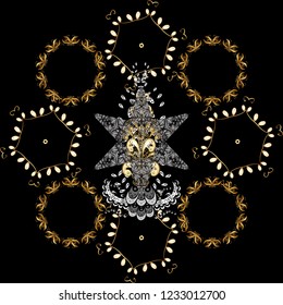 Vector golden mehndi seamless pattern. Pattern on black colors. Ornamental floral elements with henna tattoo, golden stickers, mehndi and yoga design, cards and prints.