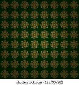 Vector golden mehndi seamless pattern on green. Traditional Indian style, ornamental golden elements with henna tattoo, golden stickers, mehndi and yoga design, cards and prints.