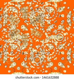 Vector golden mehndi seamless pattern. Ornamental floral elements with henna tattoo, golden stickers, mehndi and yoga design, cards and prints. Pattern on orange and white colors.