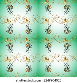vector golden mehndi seamless pattern. Ornamental floral elements with henna tattoo, golden stickers, mehndi and yoga design, cards and prints. Pattern on  green colors.