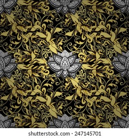 Vector golden mehndi seamless pattern. Pattern on black colors with golden elements. Ornamental floral elements with henna tattoo, golden stickers, mehndi and yoga design, cards and prints.