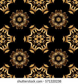 Vector golden mehndi seamless pattern on black. Traditional Indian style, ornamental golden elements with henna tattoo, golden stickers, mehndi and yoga design, cards and prints.
