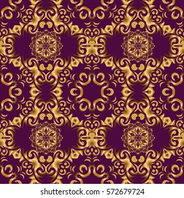 Vector golden mehndi seamless pattern on purple. Traditional Indian style, ornamental golden elements with henna tattoo, golden stickers, mehndi and yoga design, cards and prints.