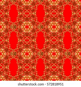 Vector golden mehndi seamless pattern on red. Traditional Indian style, ornamental golden elements with henna tattoo, golden stickers, mehndi and yoga design, cards and prints.