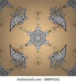 Vector golden mehndi seamless pattern. Ornamental floral elements with henna tattoo, golden stickers, mehndi and yoga design, cards and prints. Pattern on beige background with golden elements.