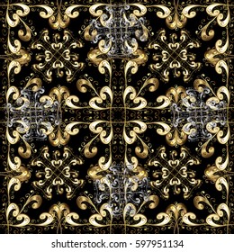 Vector golden mehndi seamless pattern. Ornamental floral elements with henna tattoo, golden stickers, mehndi and yoga design, cards and prints. Pattern on black background with golden elements.