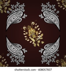 Vector golden mehndi seamless pattern. Ornamental floral elements with henna tattoo, golden stickers, mehndi and yoga design, cards and prints. Pattern on brown background with golden elements.