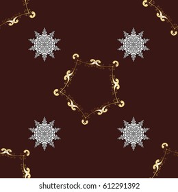 Vector golden mehndi seamless pattern. Ornamental floral elements with henna tattoo, golden stickers, mehndi and yoga design, cards and prints. Pattern on brown background with golden elements.