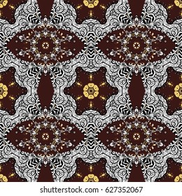 Vector golden mehndi seamless pattern. Ornamental floral elements with henna tattoo, golden stickers, mehndi and yoga design, cards and prints. Pattern on brown background with golden elements.