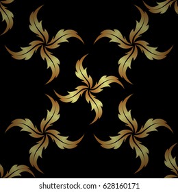 Vector golden mehndi seamless pattern on black. Traditional Indian style, ornamental golden elements with henna tattoo, golden stickers, mehndi and yoga design, cards and prints.