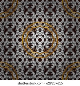 Vector golden mehndi seamless pattern. Ornamental floral elements with henna tattoo, golden stickers, mehndi and yoga design, cards and prints. Pattern on brown background with golden elements.